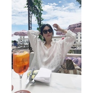 宋慧乔同款衣服春夏新款宽松薄款长袖衬衣防晒衫竖条纹白色衬衫女