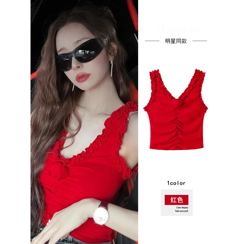 宋智雅同款红色立体玫瑰花吊带背心女夏季海边穿搭独特绝美小上衣