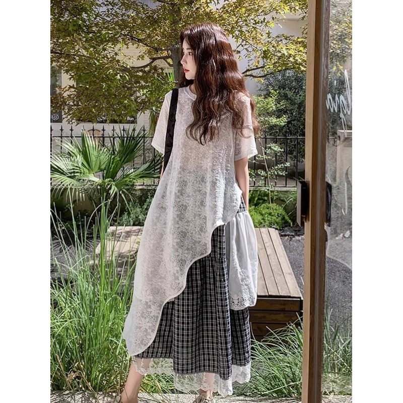 不规则中长款薄纱蕾丝防晒罩衫女夏外搭网纱空调衫叠穿短袖背心裙