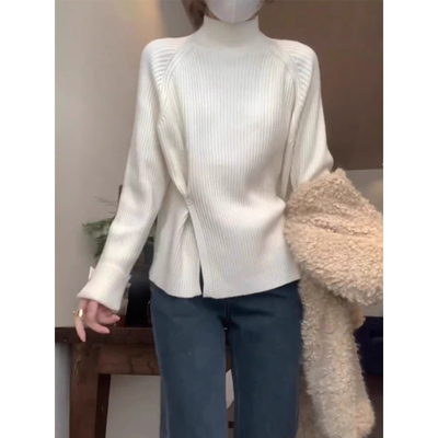 慵懒半高领白色毛衣女秋冬季新款叠穿加厚大衣内搭打底针织衫上衣