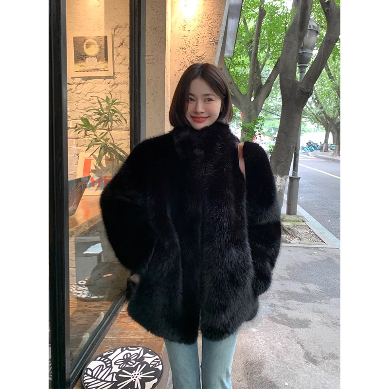 仿狐狸毛黑色皮草外套女冬新款立领环保皮草毛毛高级感大衣中长款