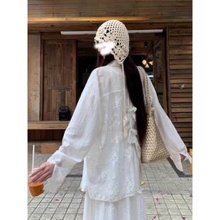 老钱风网纱蕾丝边拼接衬衫女夏季薄款防晒外套显瘦外穿松弛感上衣