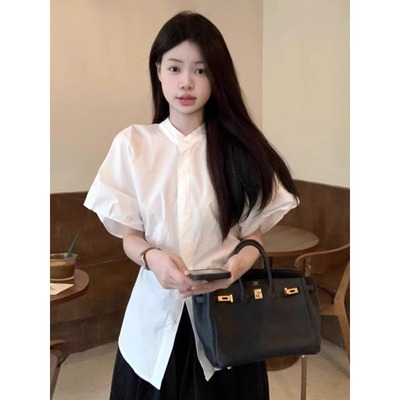 法式白色泡泡短袖衬衣衬衫女夏季2025新款设计感小众收腰显瘦上衣