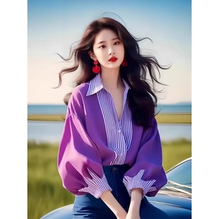 新款 T恤独特绝美上衣2025早秋季 女 长袖 紫色拼接polo领条纹灯笼袖