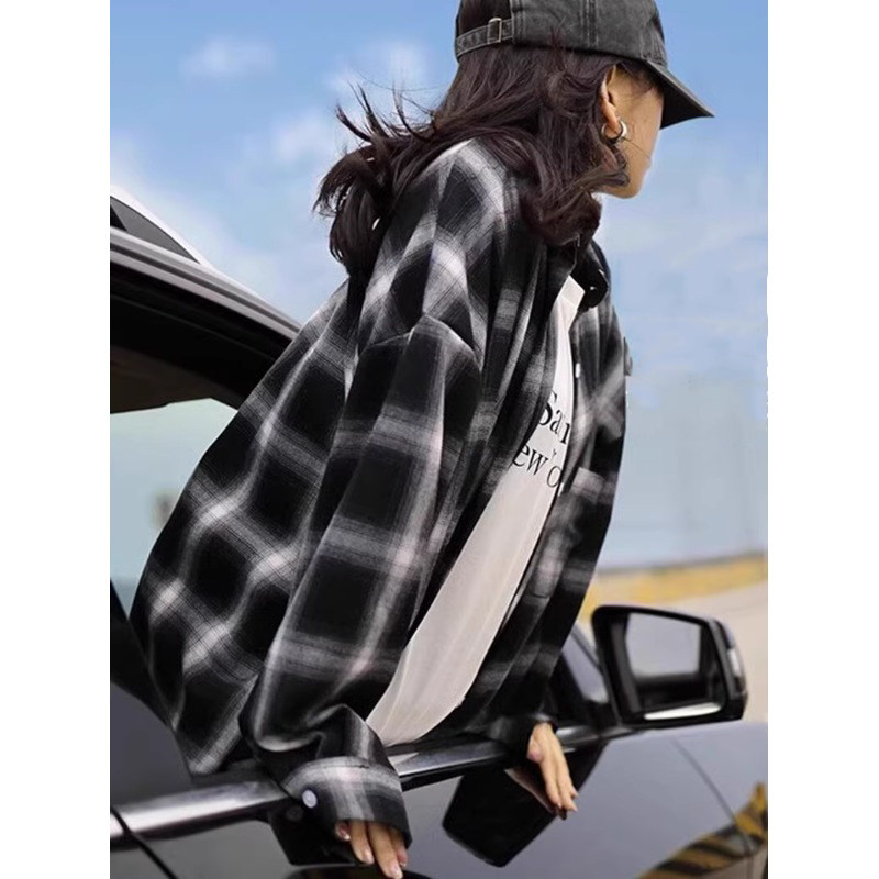 经典复古黑白格子衬衫BF风宽松中长款别致衬衣美式穿搭防晒外套女