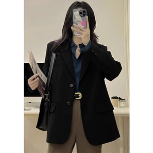 韩版 新款 高级感炸街休闲西服 外套女小个子2025春秋季 黑色正肩西装