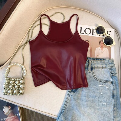 红色高级感美式设计感吊带背心女春夏抹胸辣妹外穿带胸垫pu皮上衣