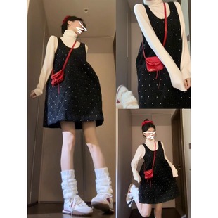 黑色波点背带连衣裙子套装 小个子气质穿搭一整套 女2025年早春新款