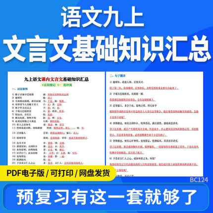 2025初中语文九年级上册课内文言文基础知识梳理归纳汇总完整版专项训练电子版资料