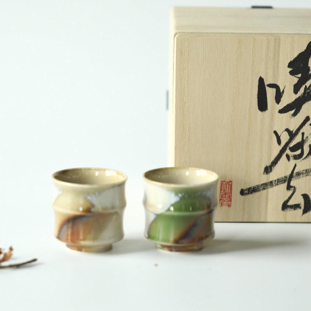 手工柴烧竹节杯复古中白泥柴烧茶杯自然落灰仿古主人杯品茗杯酒杯