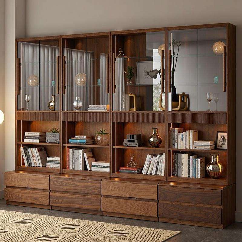 北美黑胡桃木满墙卡座书柜书柜一体整墙书橱展示柜储物柜书架组合