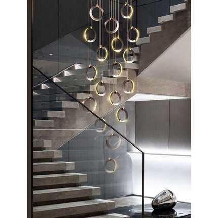 热销别墅楼梯吊灯长吊灯复式楼轻奢北欧客厅loft圆环吊灯饰