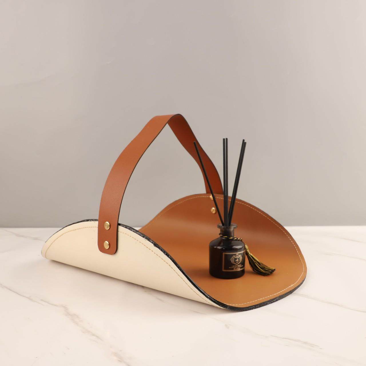 欧式轻奢高端皮革手提托盘桌面摆件玄关客厅卧室电视柜家居装饰品