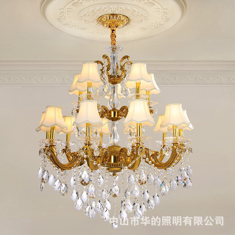 欧式复古全铜复式楼挑空客厅水晶大吊灯法式别墅大堂餐厅纯铜灯具