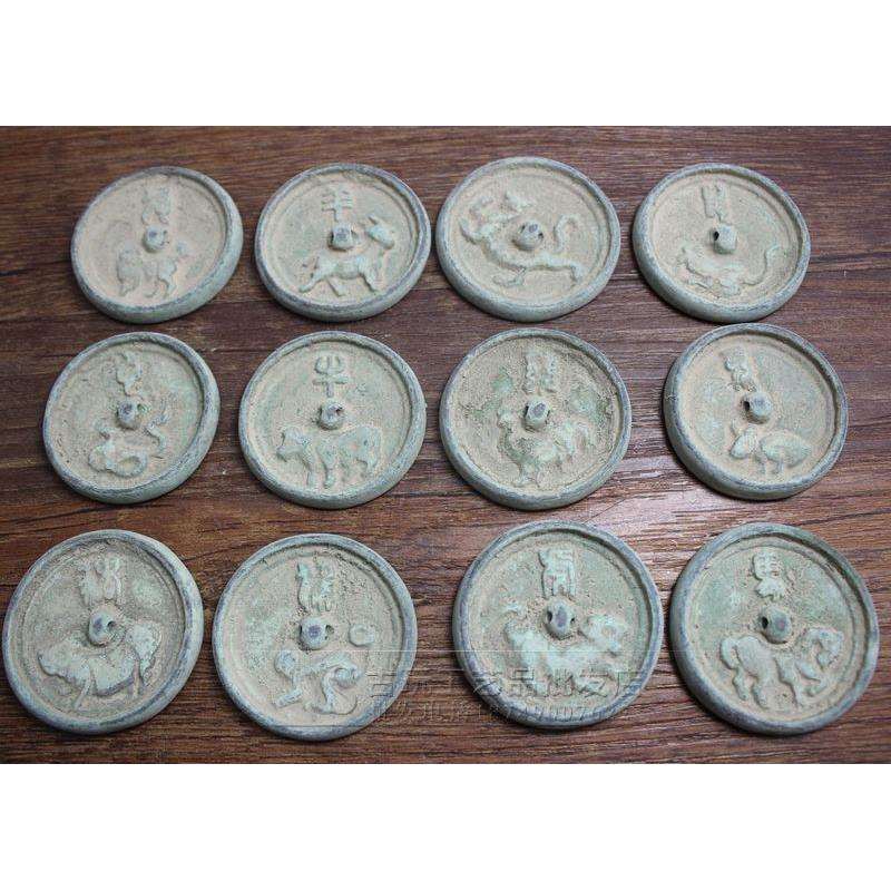 古玩铜器工艺品手工雕刻青铜器十二生肖一套铜镜摆件