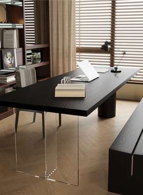 严选黑色实木大长书桌家用亚克力办公桌长条电脑桌客厅大板工作台