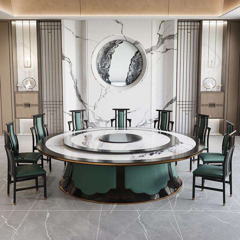 新中式高档实木餐桌圆形电动转盘内嵌岩板大圆桌1.8米2M别墅高端