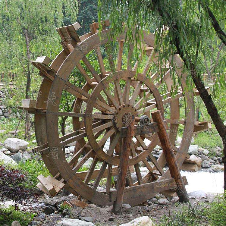 庭院园林大型美陈观赏摆件户外木质流水水车景观仿古灌溉筒车