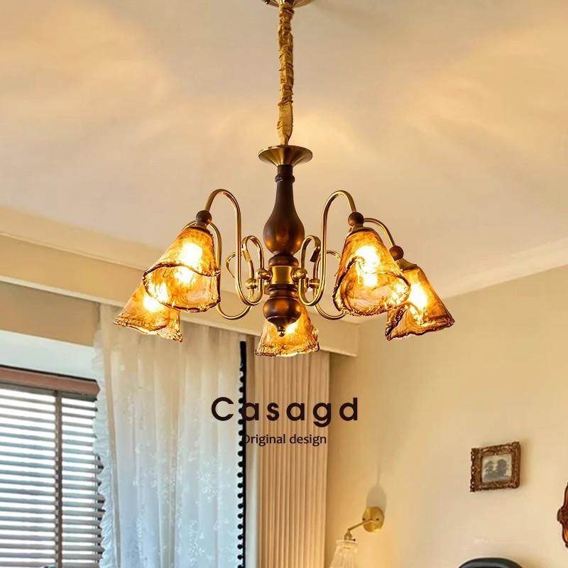 法式中古风吊灯美拉德复古实木客厅大厅主灯新款餐厅卧室玻璃吊灯