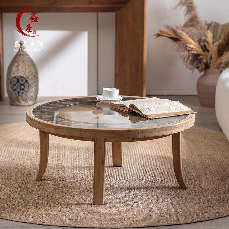 中古风客厅创意时钟茶几钢化玻璃日式小圆桌小户型家用实木桌子