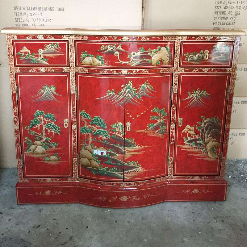 至高美三斗四门柜玄关柜彩绘家具手绘山水进门玄关柜门厅装饰柜子