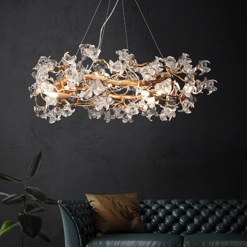 后现代轻奢客厅吊灯艺术水晶灯全铜树枝个性花朵圆形餐厅灯卧室灯