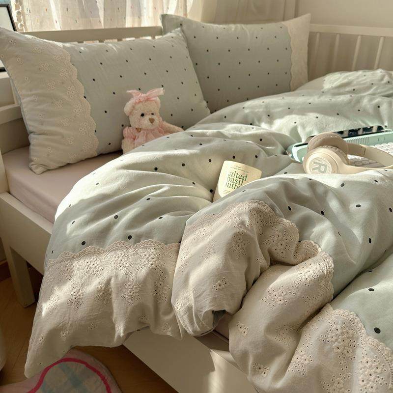 A类法式小清新双层纱水洗棉床上四件套1.8被套宿舍柔软亲肤三件套