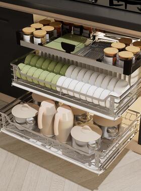 Dzp加深47橱柜厨房碗碟拉篮304不锈钢抽屉碗架阻尼缓冲工具拉篮收