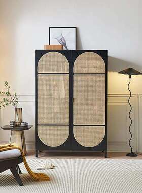 北欧实木藤编衣柜收纳储物柜简约现代黑色橱柜民宿卧室双门衣帽柜