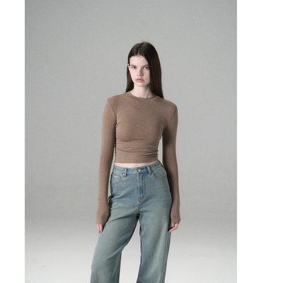 MISSCHANGE设计师品牌 天丝羊毛运动圆领长袖T恤女2025显瘦上衣