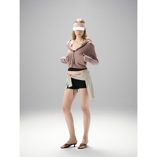 连帽卫衣外套女休闲慵懒拉链上衣 天丝羊毛紫色短款 MISS CHANGE