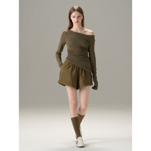 显瘦上衣 女修身 MISSCHANGE设计师品牌 2025天丝羊毛一字斜肩长袖