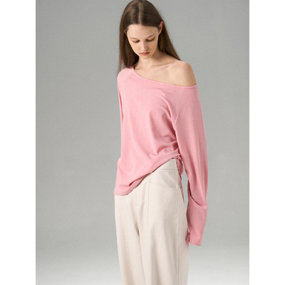 MISSCHANGE设计师品牌 天丝条纹露肩斜肩t恤女宽松2026新款上衣