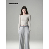 T恤女宽松显瘦打底衫 MISSCHANGE设计师品牌 天丝羊毛坑条长袖 上衣