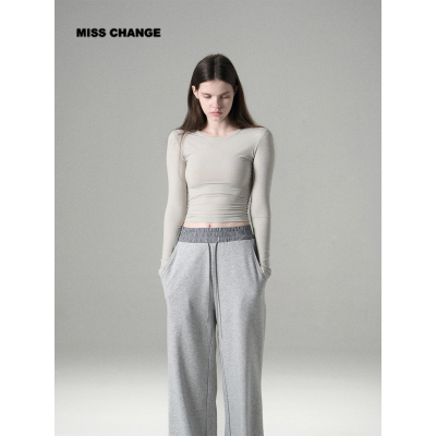 MISSCHANGE设计师品牌 天丝羊毛坑条长袖T恤女宽松显瘦打底衫上衣