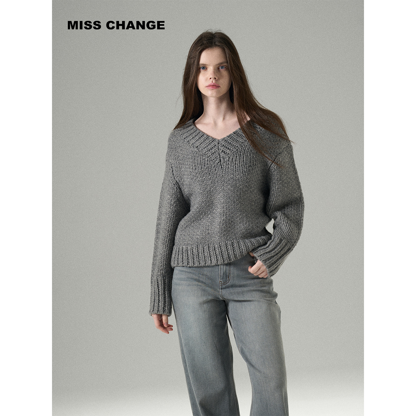 MISSCHANGE设计师品牌 手工粗棒针大V领冰岛/宽松休闲棉羊毛毛衣