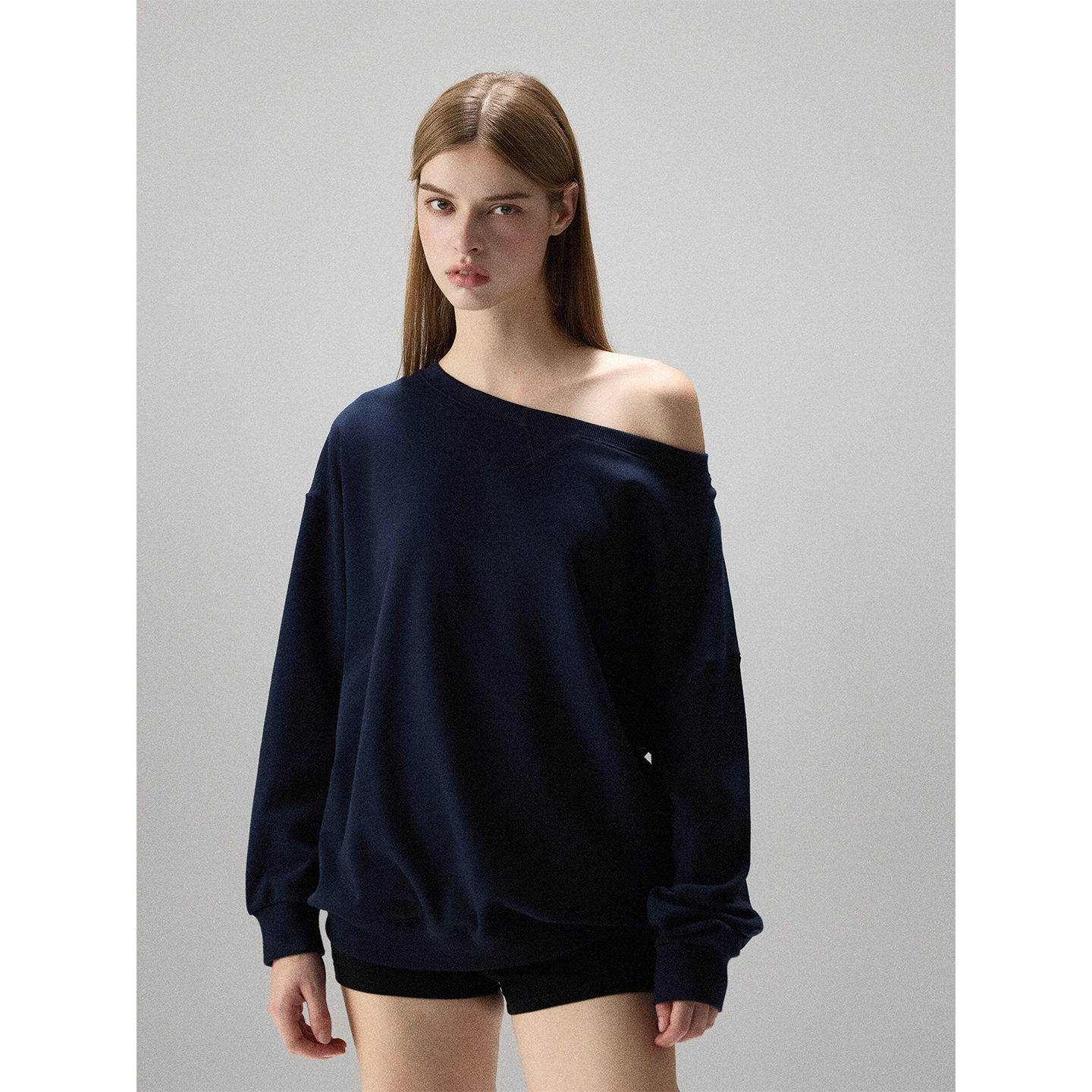 MISSCHANGE设计师品牌 两穿斜肩基础款卫衣女宽松简约不规则上衣