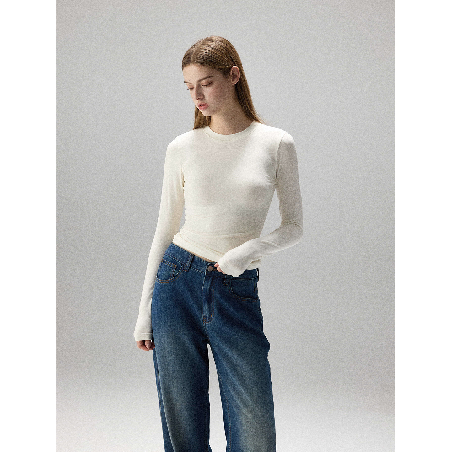 MISSCHANGE设计师品牌 天丝羊毛白色T恤双面磨毛保暖圆领打底衫