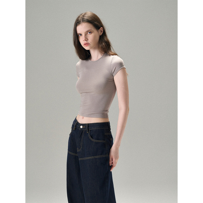 MISSCHANGE设计师品牌 天丝修身显瘦圆领短袖T恤女短款上衣