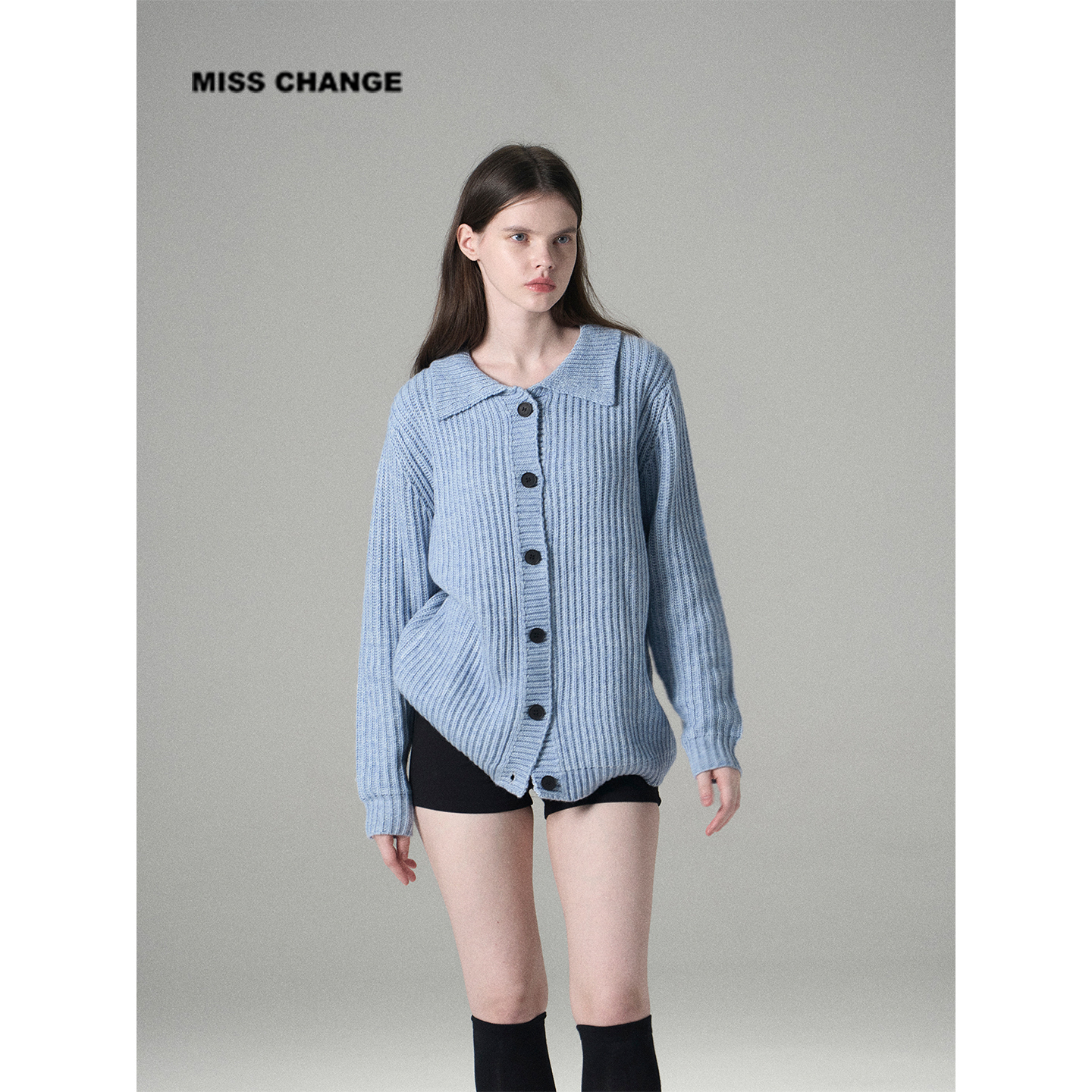 MISSCHANGE设计师品牌 羊毛翻领针织开衫女宽松显瘦毛衣外套上衣