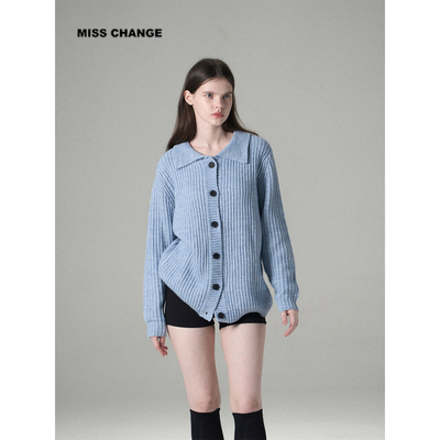 MISSCHANGE设计师品牌 羊毛翻领针织开衫女宽松显瘦毛衣外套上衣