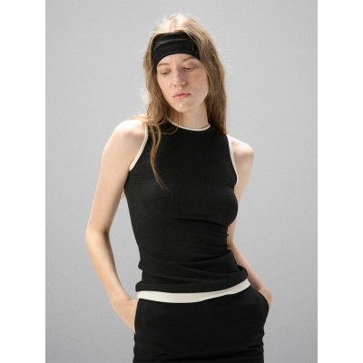 MISS CHANGE 美式简约风撞色工字背心女黑色修身假两件无袖上衣