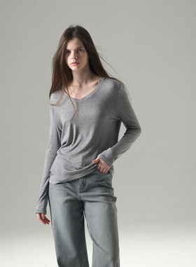 MISS CHANGE 天丝28%羊毛灰色v领长袖t恤女显瘦简约打底衫上衣