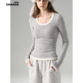 秋冬新款 MISS T恤女修身 打底衫 CHANGE 亲肤羊毛假两件拼接长袖