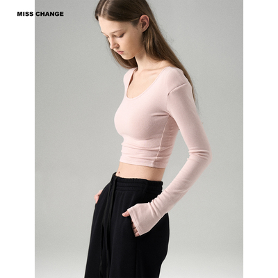 MISS CHANGE 羊毛极简风大U领长袖T恤女收腰显瘦紧身打底衫