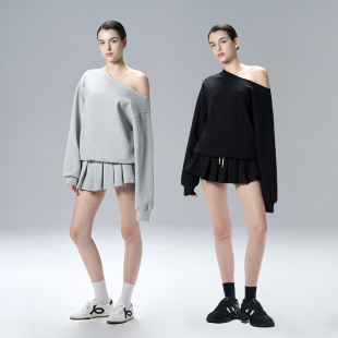 MISS CHANGE设计师品牌 精棉美式复古运动风休闲斜肩卫衣半裙套装