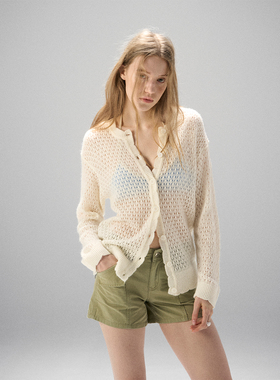 MISS CHANGE 圆领镂空花边针织开衫女钩花2026新款显瘦上衣外套