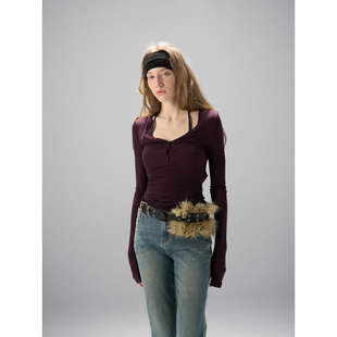 T恤女修身 天丝羊毛紫色亨利领长袖 显瘦上衣 CHANGE MISS