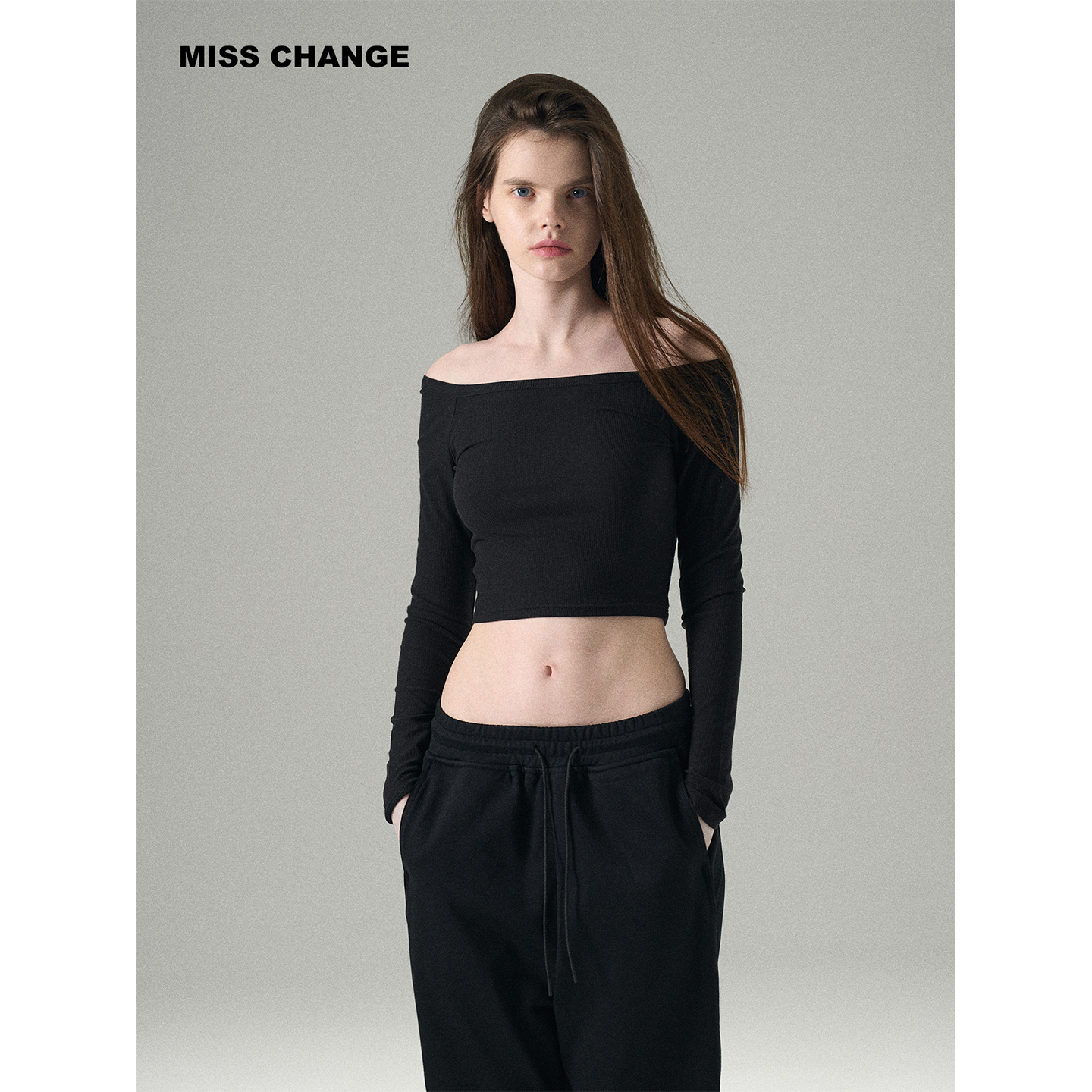 MISSCHANGE设计师品牌 四季可穿/天丝羊毛露肩一字肩T恤修身上衣