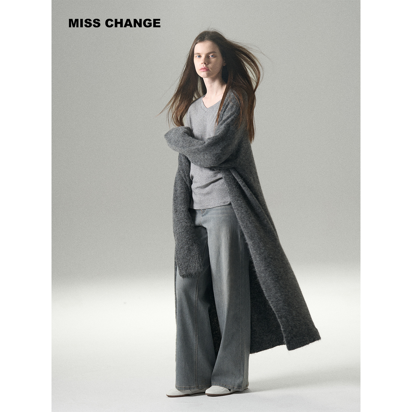 MISSCHANGE设计师品牌 羊毛长款针织开衫女宽松显瘦毛衣外套上衣